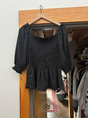 Max Studio Smocked Peplum Blouse - Black with White Dot Print